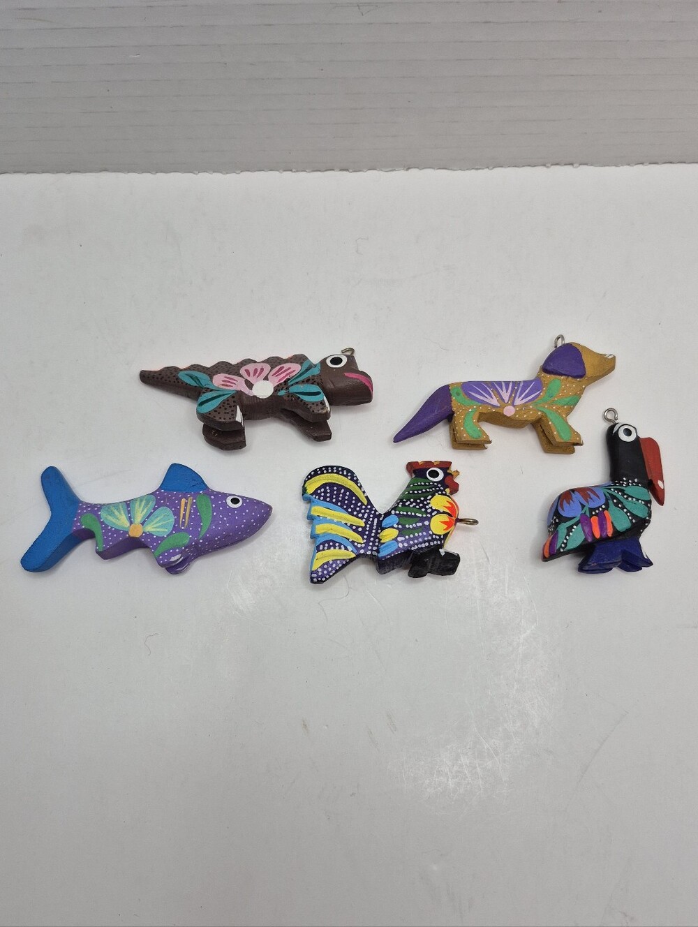 Colorful Handpainted Wood Animal Ornament Lot of Five READ